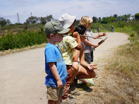 Children exploring and playing in a lush North County San Diego forest classroom, smiling and actively engaging in nature-based learning activities that build confidence, resilience, and early academic skills at an outdoor preschool.