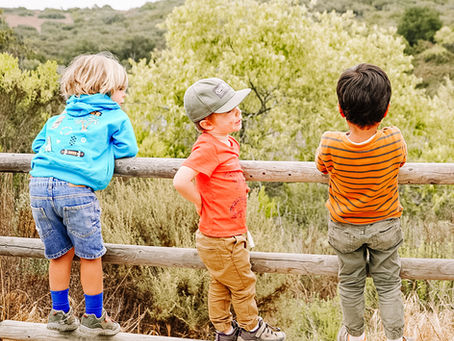 Three boys climbing a fence and looking out over Lake Calavera, building confidence and social-emotional bonds in nature.