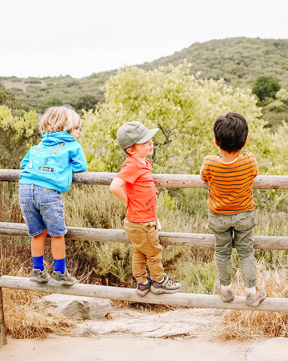 Three boys climbing a fence and looking out over Lake Calavera, building confidence and social-emotional bonds in nature.